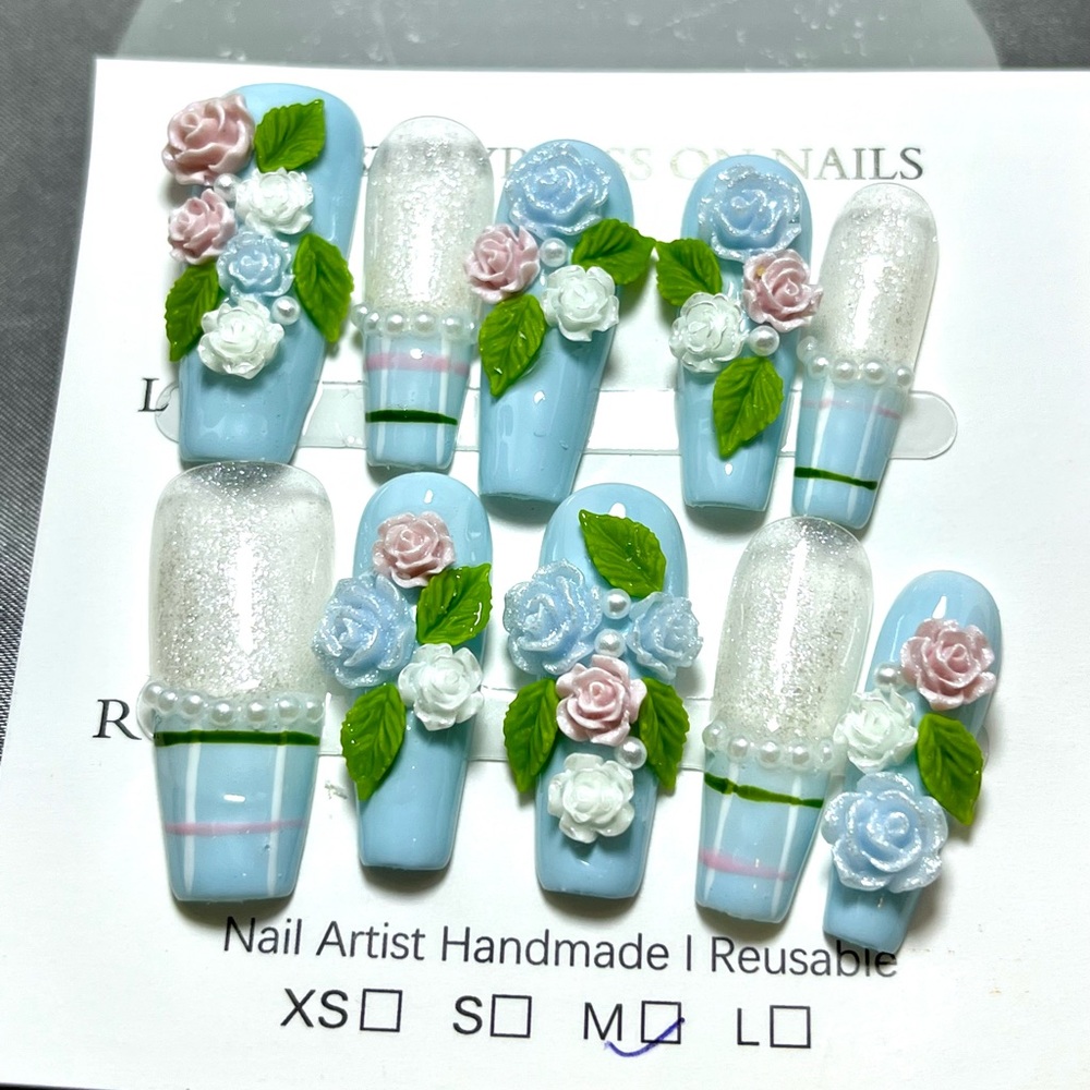 Floral Blue & White 3D Press-On Nails pearls handmade reusable 10 pc long length